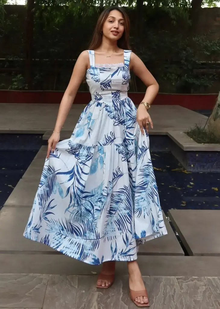 Square Necked Maxi with blue tropical print on a white base