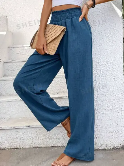 Women Solid Color Wide-Leg High Waist Straight Pants